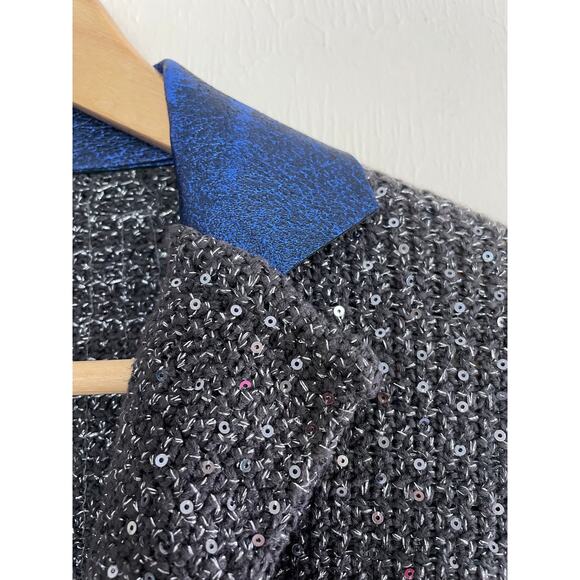 ELIE TAHARI gray silver lurex knit blue leather collar sweater Visna jacket - Picture 9 of 11